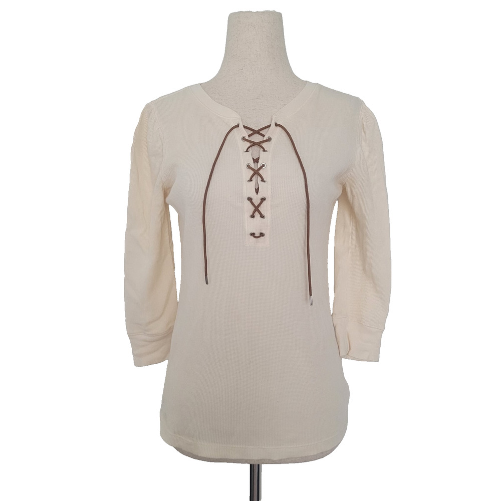 Lauren Ralph Lauren Thermal 3/4 Sleeve Lace Up Top Sz XS Victorian Boho Chic